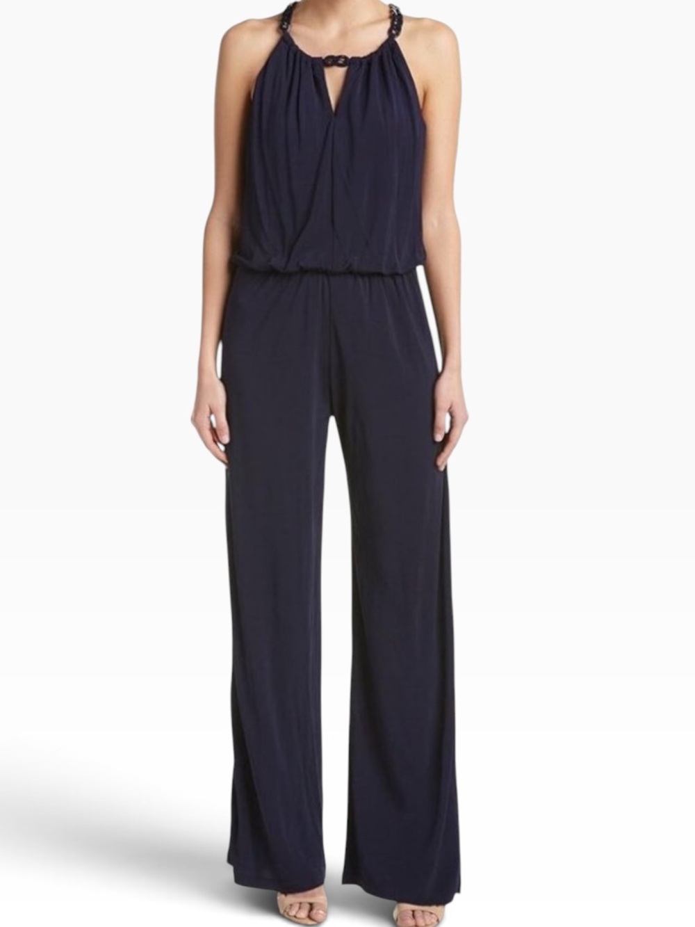 Trina Turk "Genevieve"  Navy Jersey Chain Strap Halter Wide Leg Jumpsuit 2